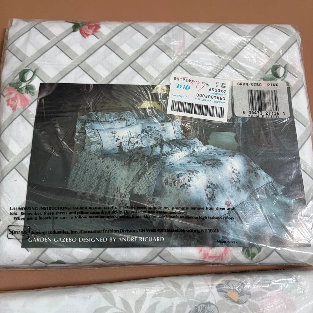 Vintage Springmaid Garden Gazebo Twin Sheet Set Pink Rose Lattice Eyelet NEW
